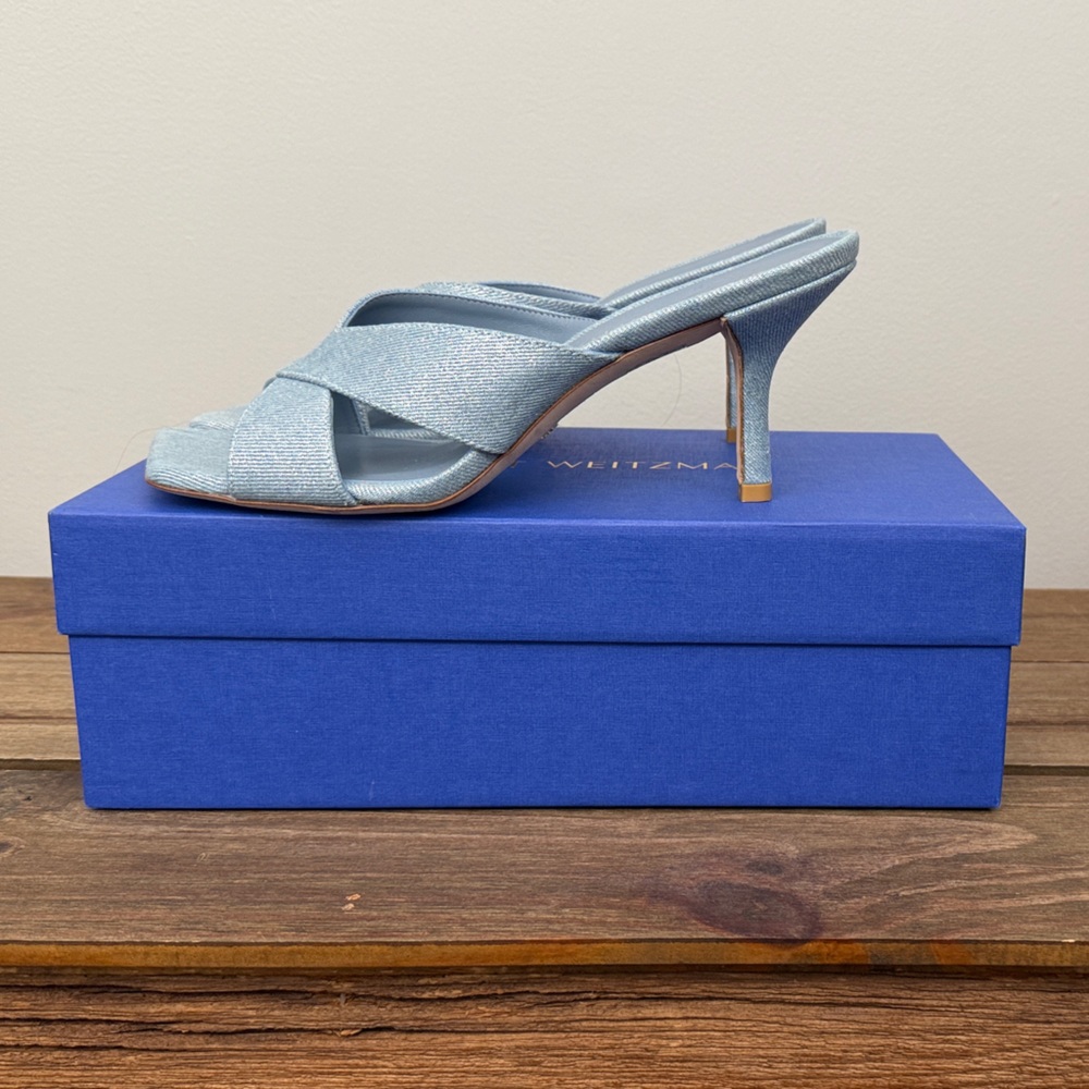 Stuart Weitzman Carmen 75 Slide. Metallic Blue